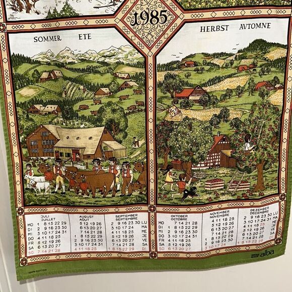Vintage 1985 Alba cotton calendar tea towel/European scenes of the four seasons - Picture 3 of 10
